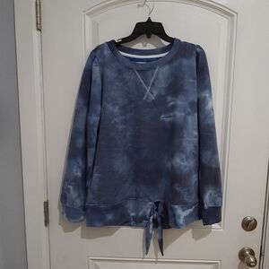 Blue and White Tie-Dye Sweatshirt With Front Tie At Waist